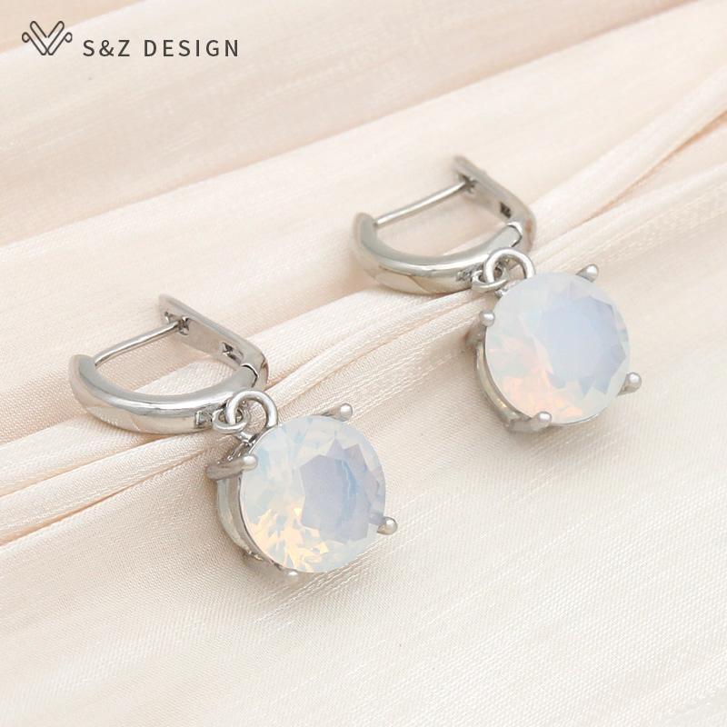 Fashion Classic Round White Green Opal Drop Earrings Jewelry Sets For Women Girl Wedding Party Elegant Pendant Necklace