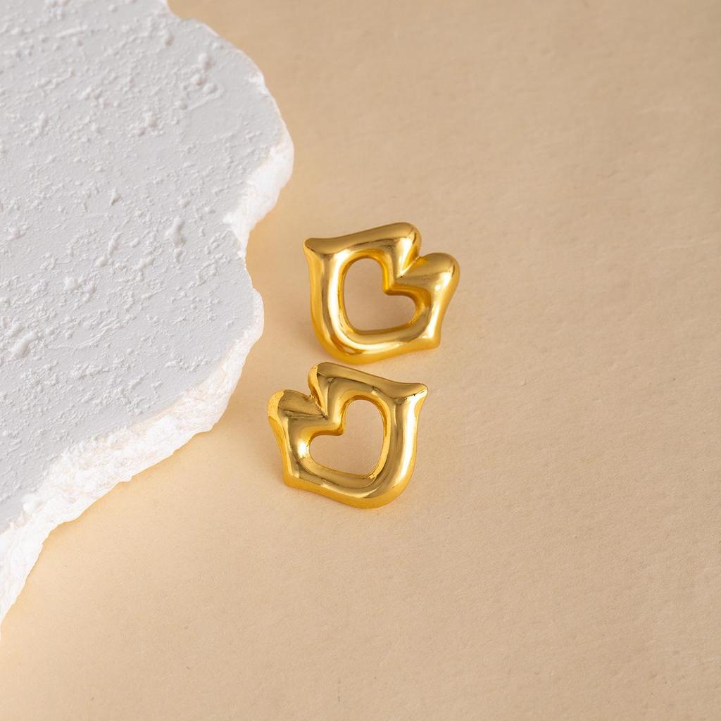 European Retro Geometric Leaf & Heart Stainless Steel Stud Earrings