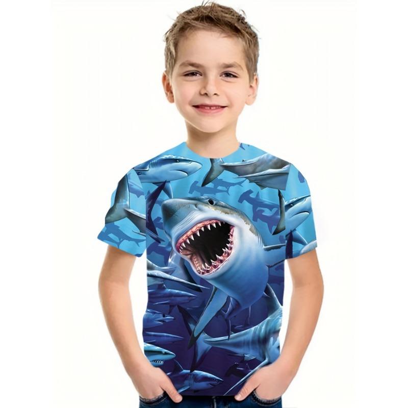 

Футболка для мальчиков и девочек с принтом «Океанская большая акула» на 3D-принте, модная детская одежда, футболка с короткими рукавами для мальчиков, летняя 150