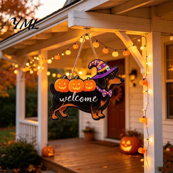 Halloween Party Supplies Ghost Welcome Door Hanger, Cute Wooden Sign with Witch Hat & Pumpkin Wall Elements, Fall Indoor Outdoor Decor for Holiday