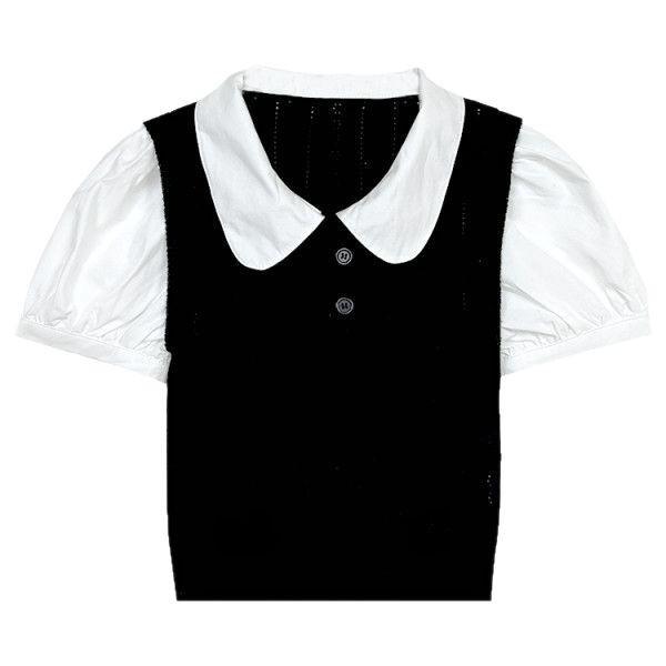 Women's Gray Peter Pan Collar Knit Top – Short-Sleeve, Summer, Fashionable Two-Piece Design