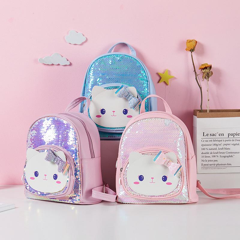 Girls' Cute Cartoon Kitten Sequin Backpack - Perfect for Travel and Outings