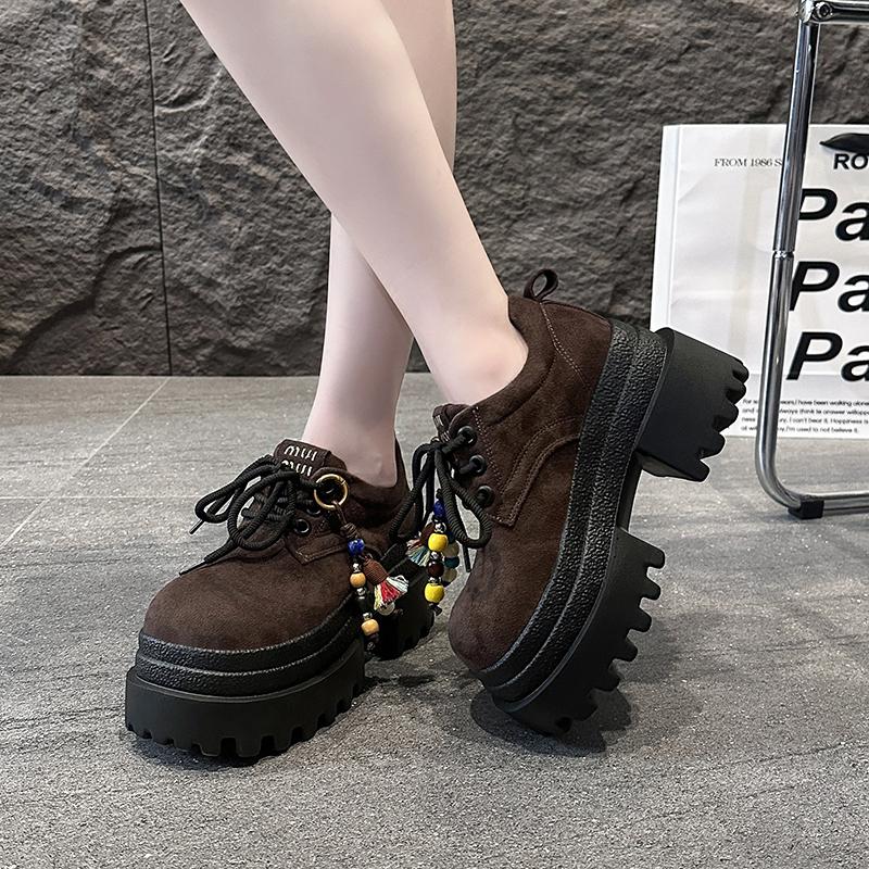 Fashion Women's Leather Sneakers New 2025 Spring High Platform Lace-up Casual Shoes Thick Sole 9CM Heels Walking Shoes Zapatos Mujer