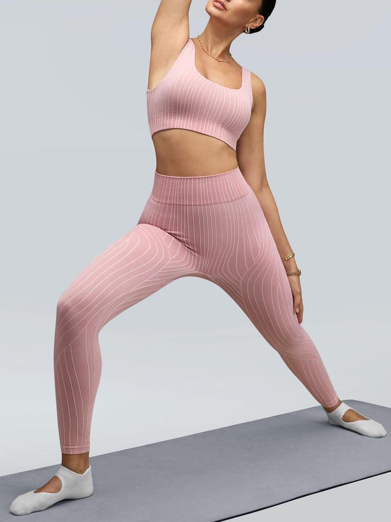 Seamless Twist Back Stripe Bra & High-Waist Stretch Yoga Pants Set