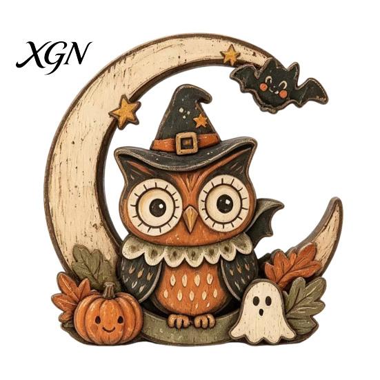 Retro Rustic Tiered Tray Decor Halloween Pumpkin Witch Cat Ghost Figurines with Crescent Base, Spooky Collectible Gift for Enthusiasts Wooden Tabletop
