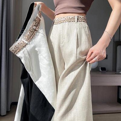 Women High Waist Draped Wide Leg Pants Spring Summer Retro Literary Straight Trousers Versatile Casual Bottoms