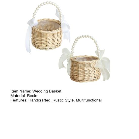 Wicker Rattan Basket Handmade Wedding Flower Basket with Faux Pearl Handle Flower Girls Basket for Home Decor Bridal Shower Picnic