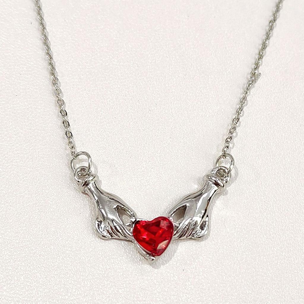 Creative God Hands Red Rhinestone Love Heart Charms Pendant Necklace for Women New Trendy Accessories Party Jewelry Gift