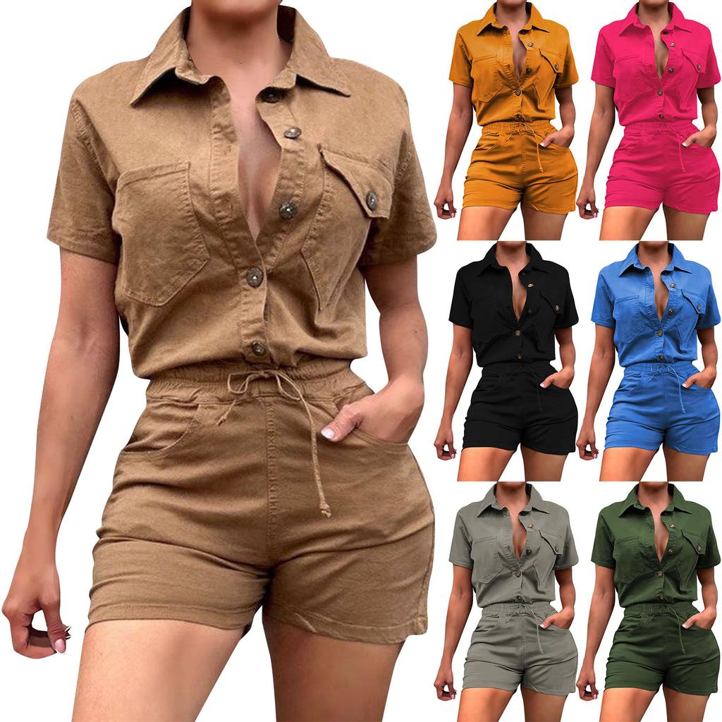 Women's Solid Color Workwear Style Short Sleeve Top Lace-Up Shorts Two Piece Set