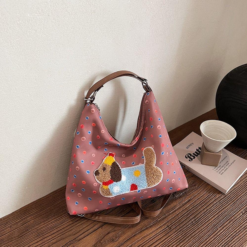 Korean Style Puppy Embroidery Shoulder Bag Y2k Cartoon Handbag Sweet Polka Dot Tote Bag Girls