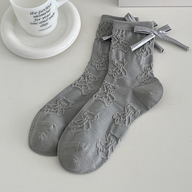 1 Pair Japanese Grey Bow 3D Bear Calf Socks Kawaii Vintage Seamless Pile Loose Socks for Girl Spring Summer Thin Casual Socks