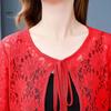 Women Fall Spring Coat Lace-up Floral Embroidery Solid Color Shawl Three Quarter Sleeves Loose Hollow Out Lace Round Neck Short Type Sun Protection