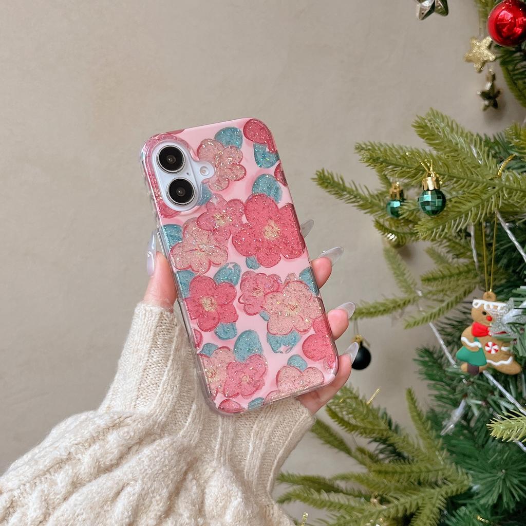 Frühlings-Rosa-Blumen-Hülle für Apple 16 iPhone 17 Pro Max Neu 15/14 Doppellagiger Glitzer
