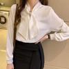 [SYitong] JFashion Bow Tie Blouse, Fresh and Flowy Blouse with Ribbon, Long Sleeved, Stylish, Office Casual Chiffon Blouse, Spring Clothing, Ribbon Bl