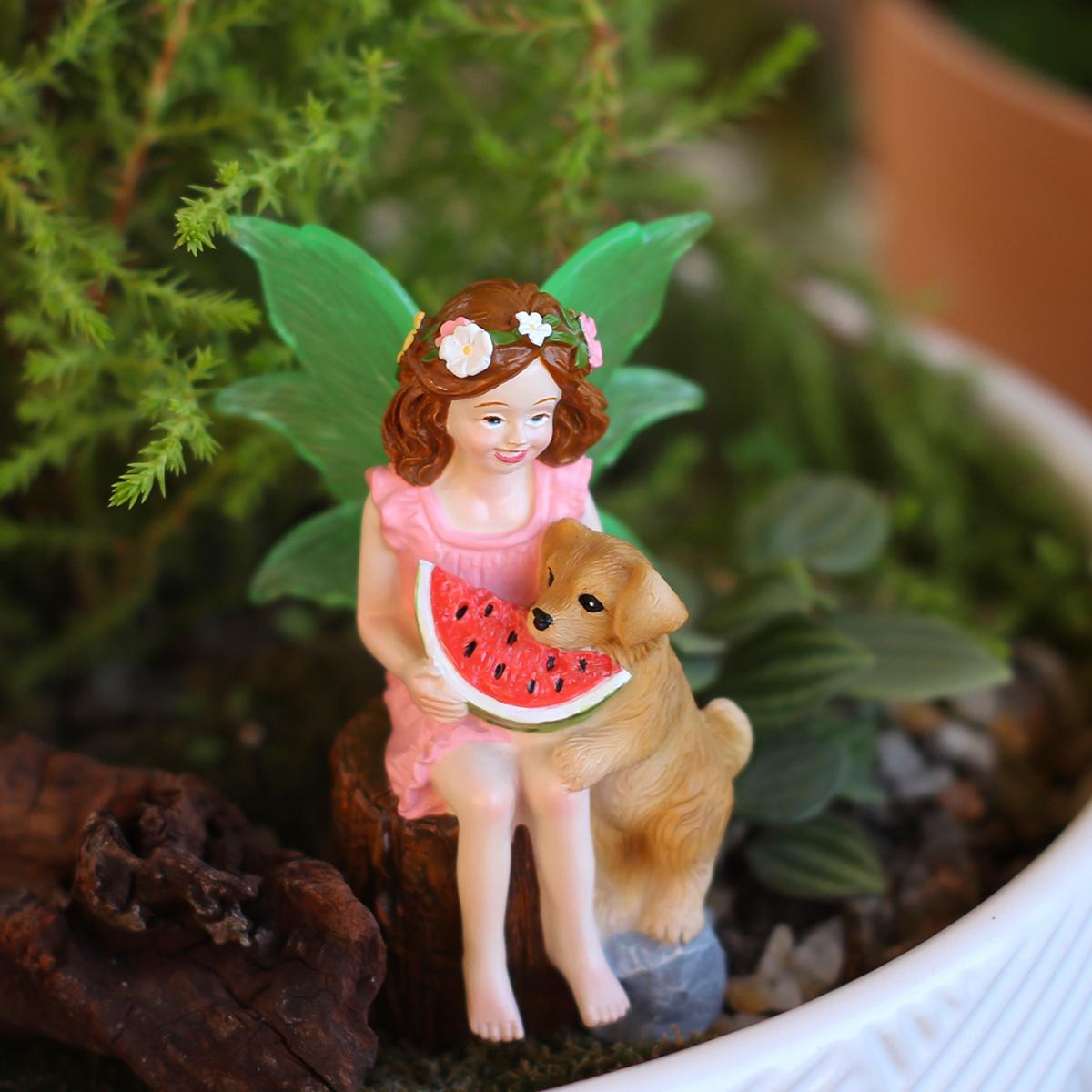 

1 fluorescent winged girl and dog, creative garden bonsai statue, family gift, home decoration