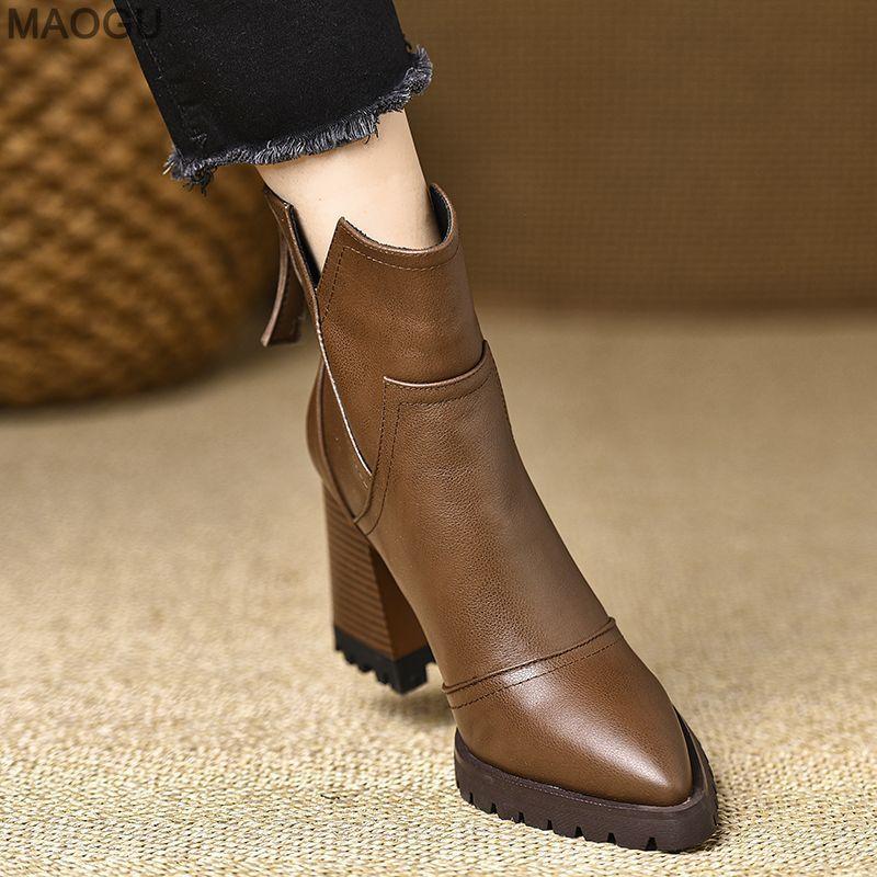 Retro Black Brown Women's Chunky Heel Ankle Boots Anti-slip Pointed Toe Platform Short Plush Booties Office Ladies Fashion Boots