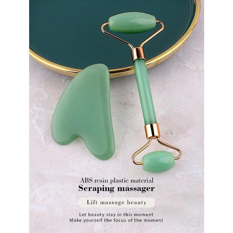Set da 2 Pezzi per Massaggio Viso e Bellezza, Materiale Resina ABS, Rullo Massaggiante a Doppia Testa, Raschietto Triangolare, Set di Strumenti per Massaggio Gua Sha Corpo, Verde