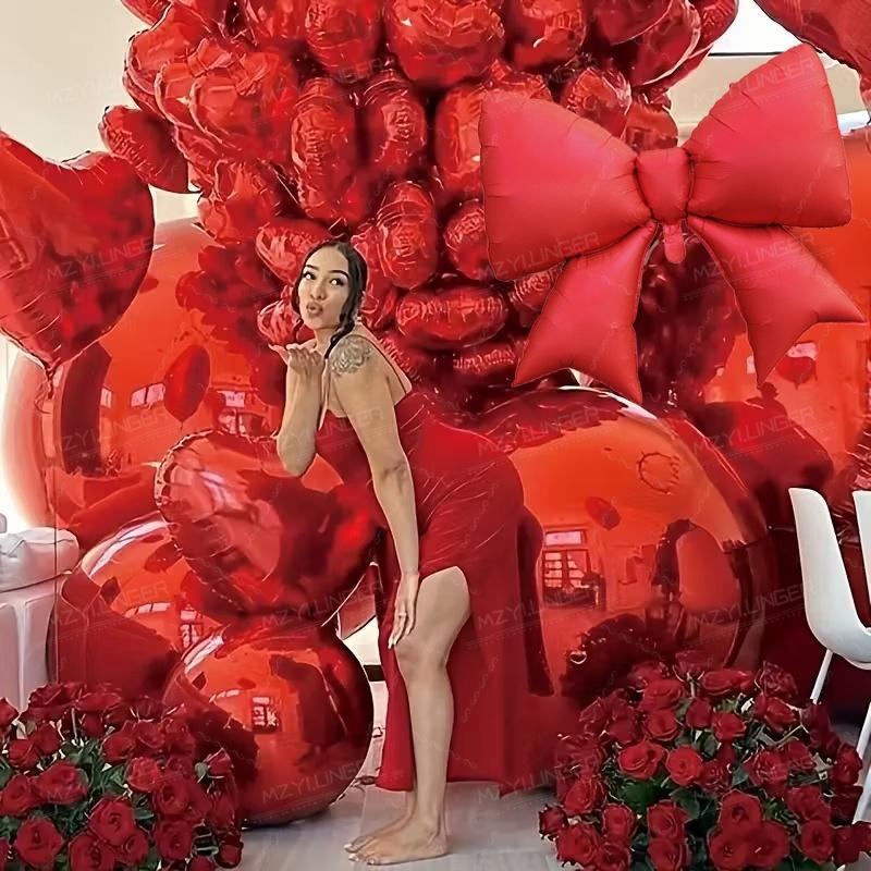 Red 4D aluminum foil balloon bow balloon and red heart balloon set for proposal, New Year's anniversary, birthday decoration