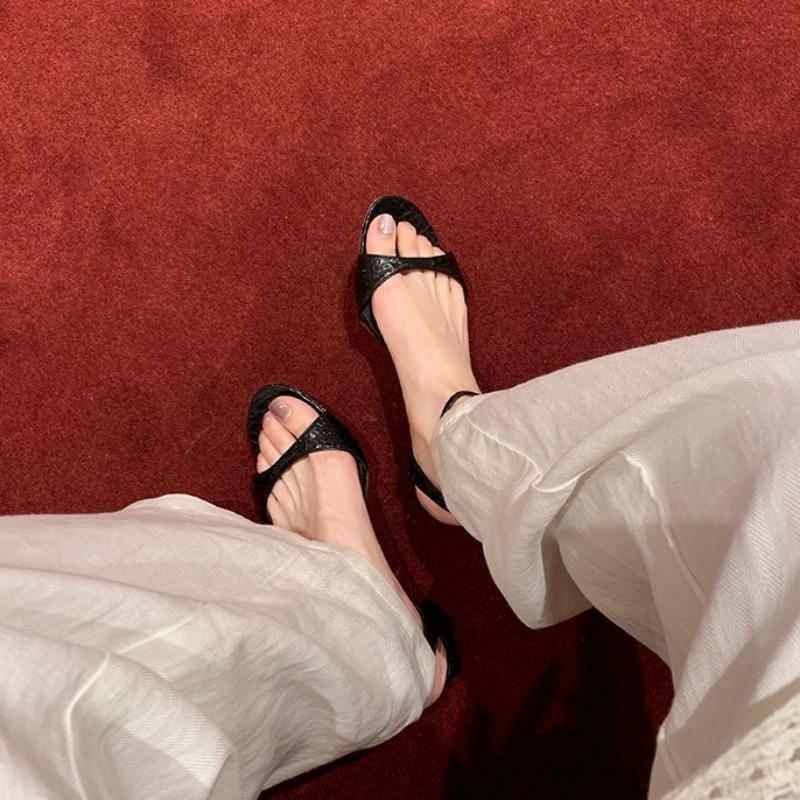 Sheepskin version round head open-toed one-word high-heeled sandals women's summer wear cool slippers