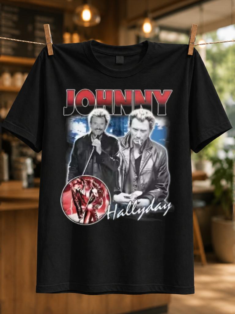 Johnny La Legende Tribute Collage With Guitar 1943 2017 Dates And French Rock Legend Lettering Unisex All Tshirt