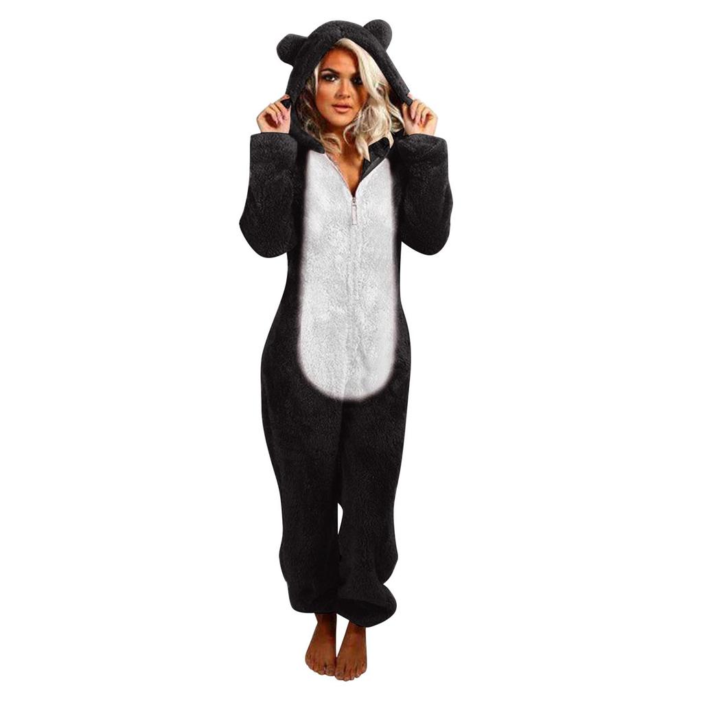 Women's Fashion Fleece-Lined Thickened Fleece Hooded Pyjamas With Zip-Up Onesie