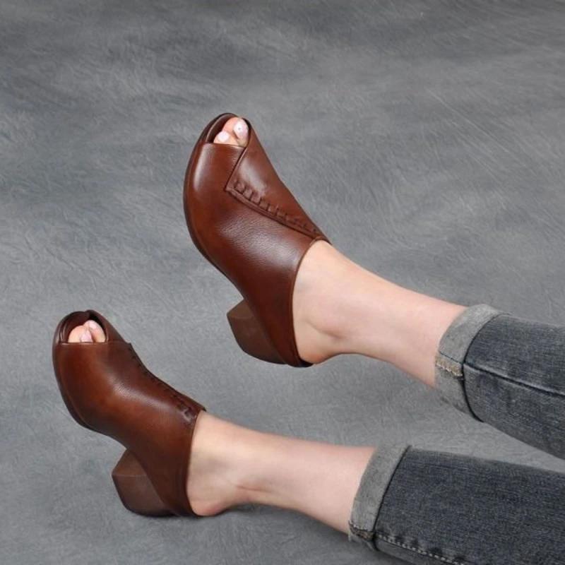 Thick-heeled Soft Leather Slippers Fish Mouth Womens Sandals Comfortable Versatile Women Shoe Platform Wedges Zapatillas De Casa