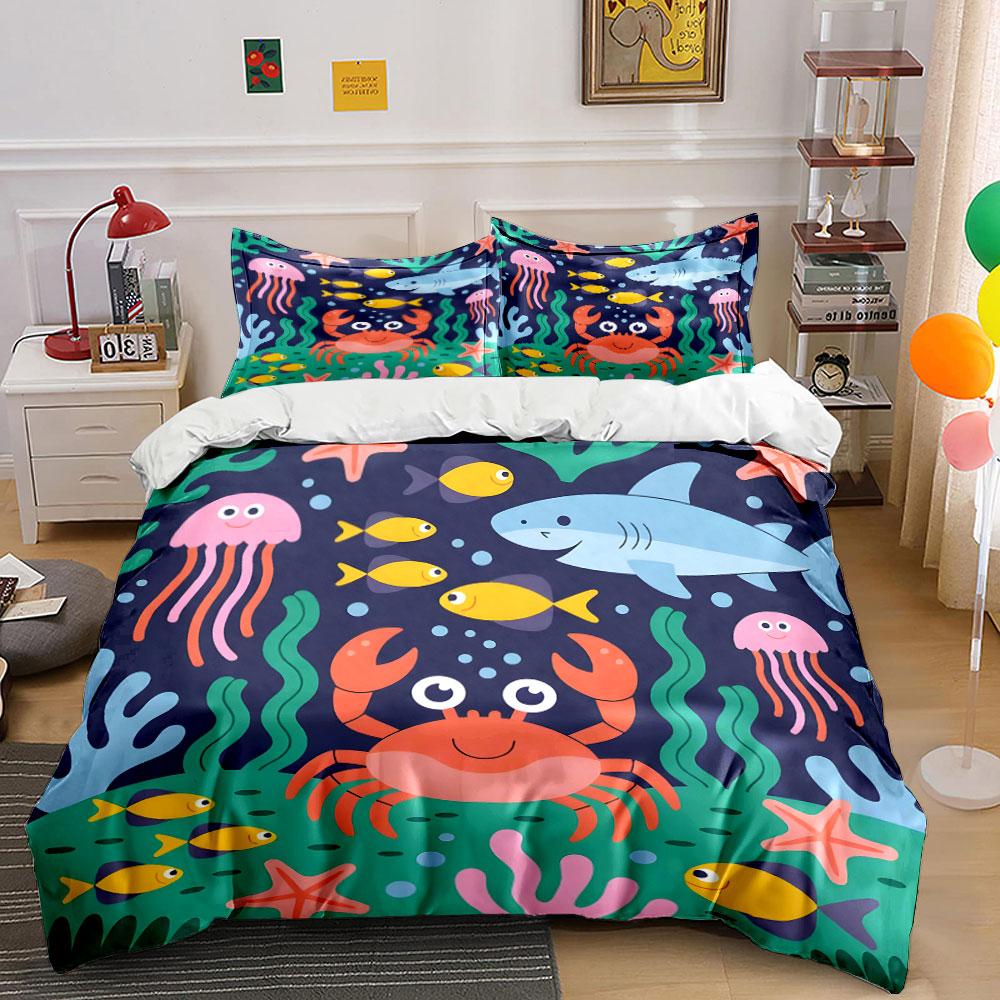 Underwater Cartoon Animals Set Bedding Duvet Cover Set (1*Duvet Cover 2*Pillowcases, without duvet insert)