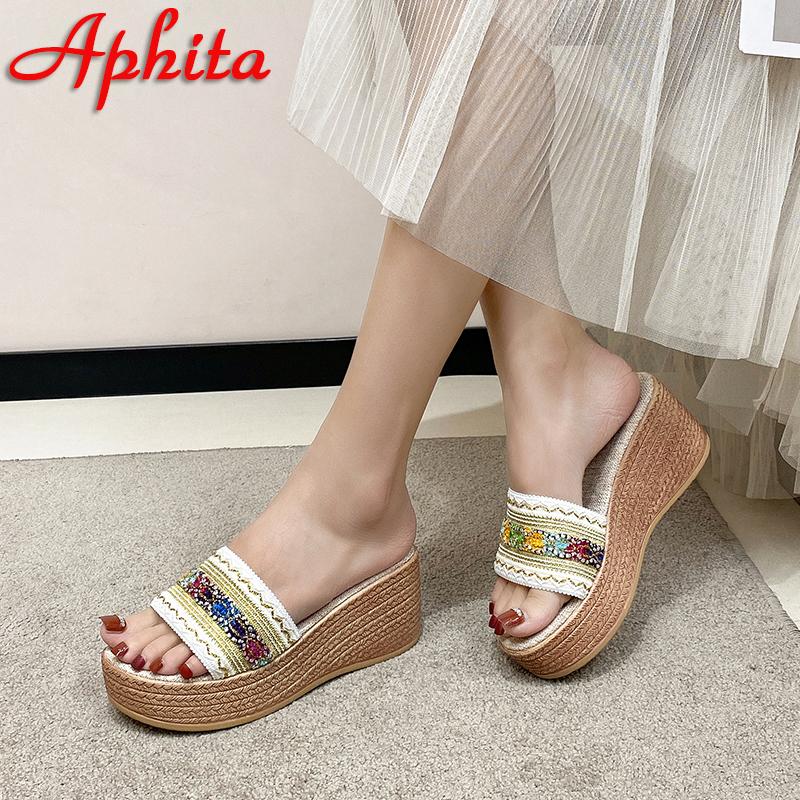 Fashion Aphixta New Embroiber Stripted 7cm High Wedge Heels Platform Slides Women Retro Plus Size 43 Slippers Outdoor Sexy Beach Shoes