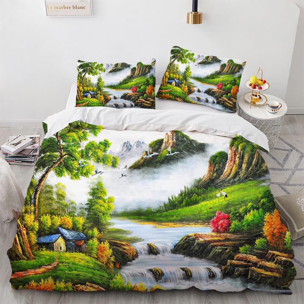 Painting Duvet Cover Set Beautiful Landscape Sun Lake Bridge Polyester Comforter Cover for Kid Boy Girl Artist Bedding Set King