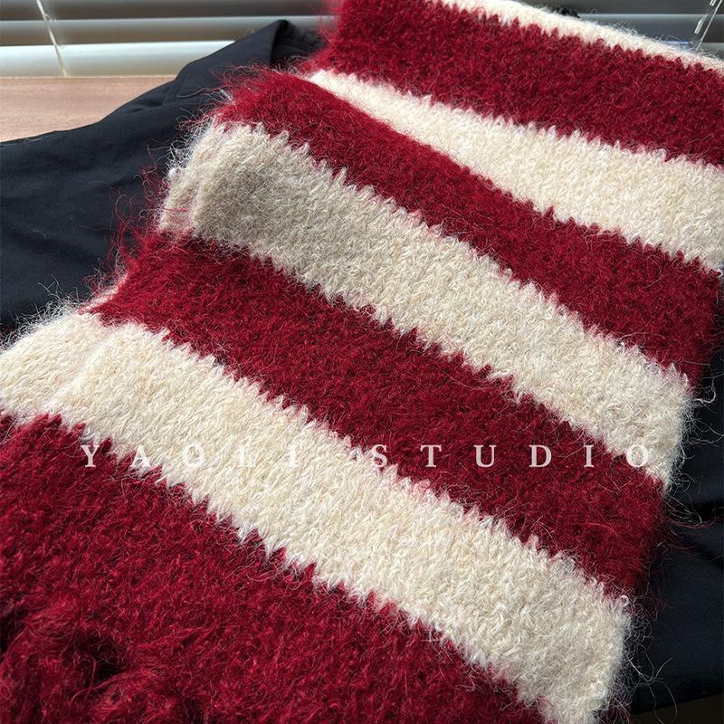 British Retro Red Rice Contrast Striped Soft Waxy Tassel Knitted Scarf for Women Korean Style Autumn and Winter To Keep Warm and Cold Proof