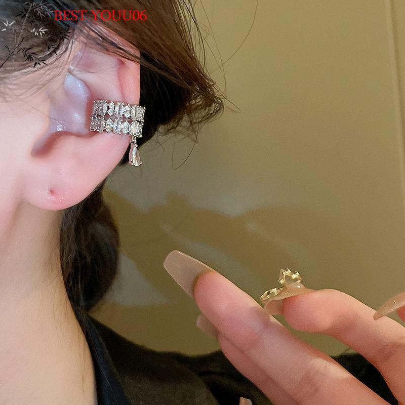 (YOUU06)1Pc Double Layer C-Shaped Crystal Zircon Cuff Earring Rhinestone No Piercing Water Droplet Clip Simple Ear Clip