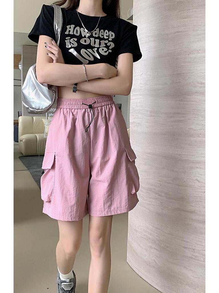 2025 Summer Korean-Style Elastic Waist Drawstring Casual Shorts: Versatile Women's Cargo Pants