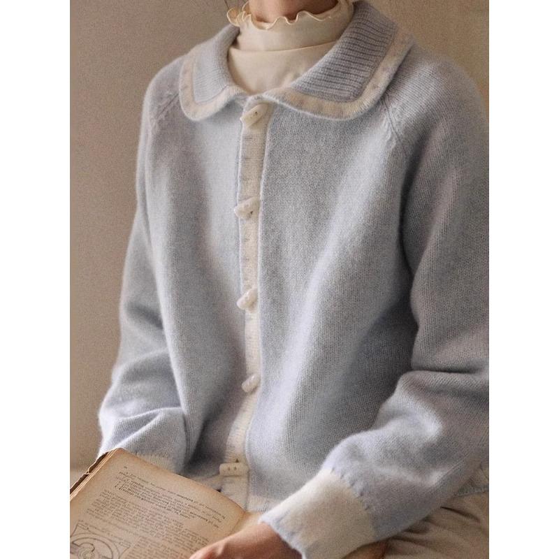 

Вязаный кардиган молочно-голубого цвета с расклешенным воротником 2025 Осень-зима Новинка S синий