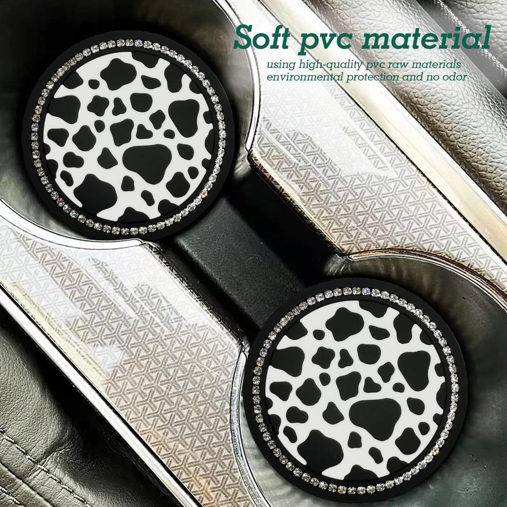 2PCS Bling Cow Print Car Accessories for Women, Universal Auto Cute Anti Slip Cup Holder ert Coaster