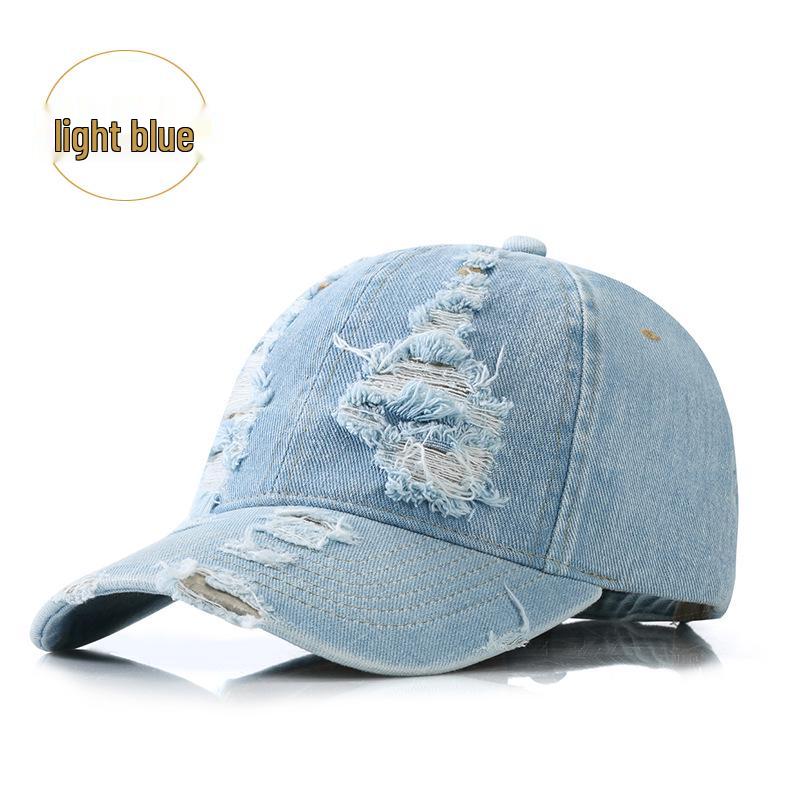Korean Retro Washed Denim Baseball Cap with Holes for Men and Women - Spring/Autumn Style Sunshade Duckbill Hat