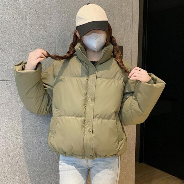 Winter Warm Women Cotton Coat Stand Collar Thickened Lightweight Long Sleeve Solid Color Outwear with Pockets