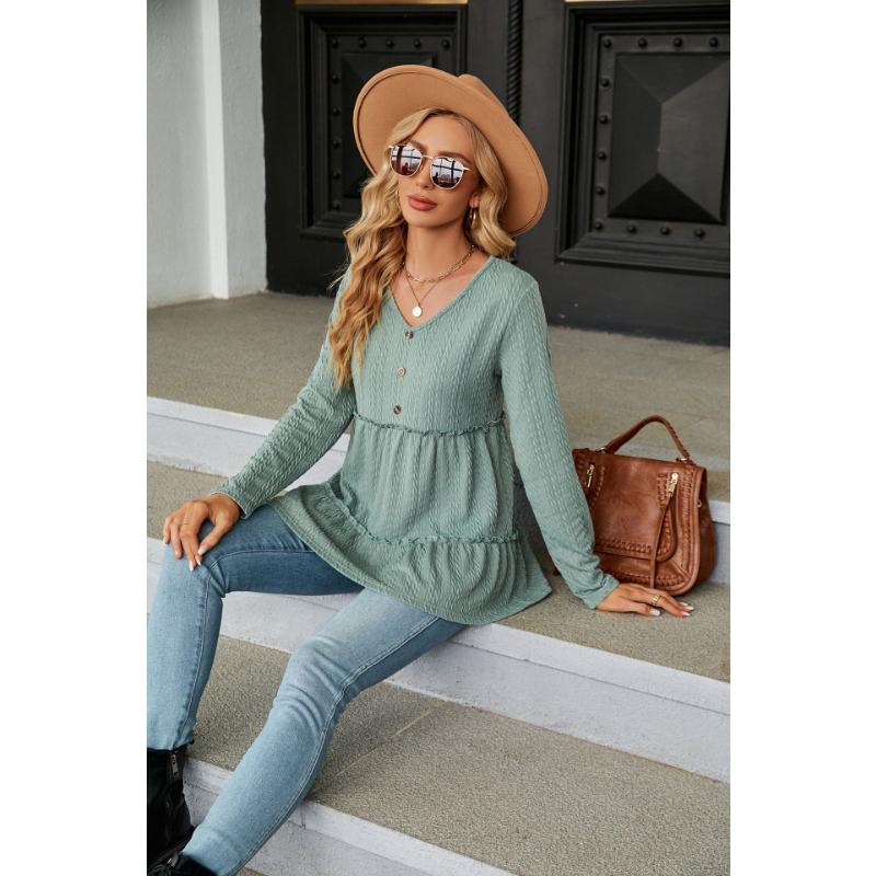 Jarní a podzimní dámská halenka s výstřihem do V Jednobarevný knoflík Patchwork Dlouhý rukáv Volný Top