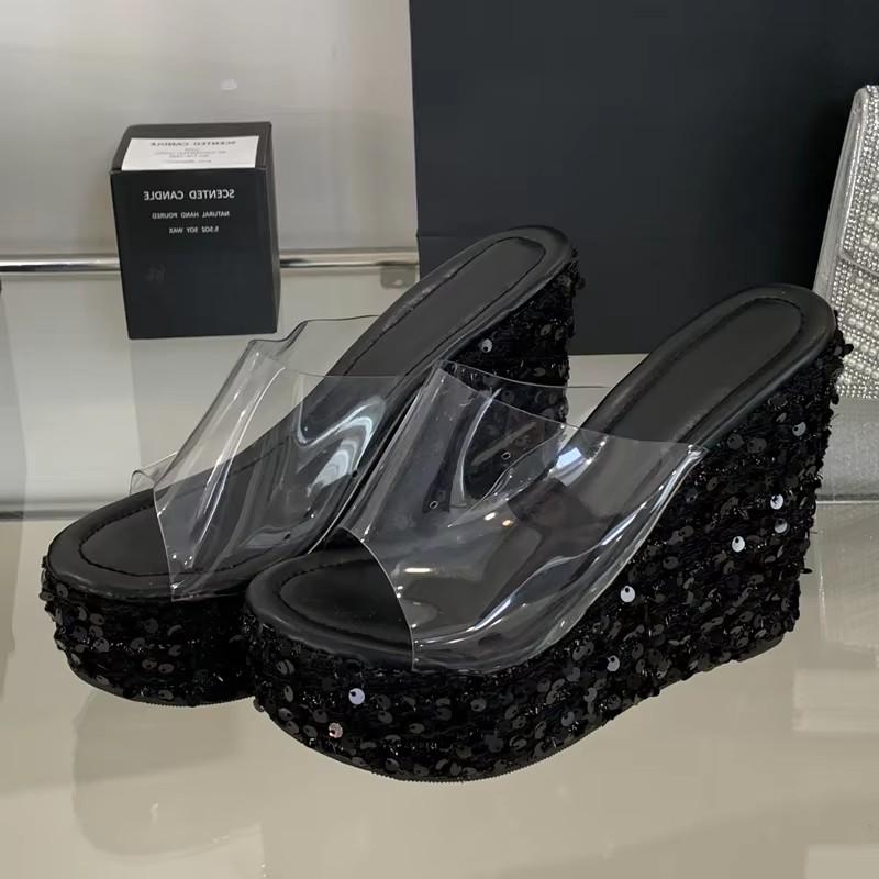 Mode Eilyken Bling Paillettenstoff Plateau Keilabsatz Damen Hausschuhe Sommer PVC Transparent Offene Zehen High Heels Bankett Party Schuhe