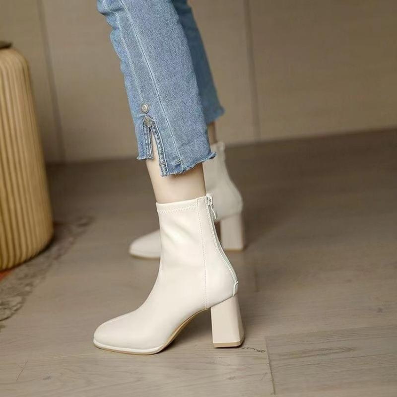 High-heeled boots thick heel white short boots women's autumn new thin boots women's rear zipper square head looks thin