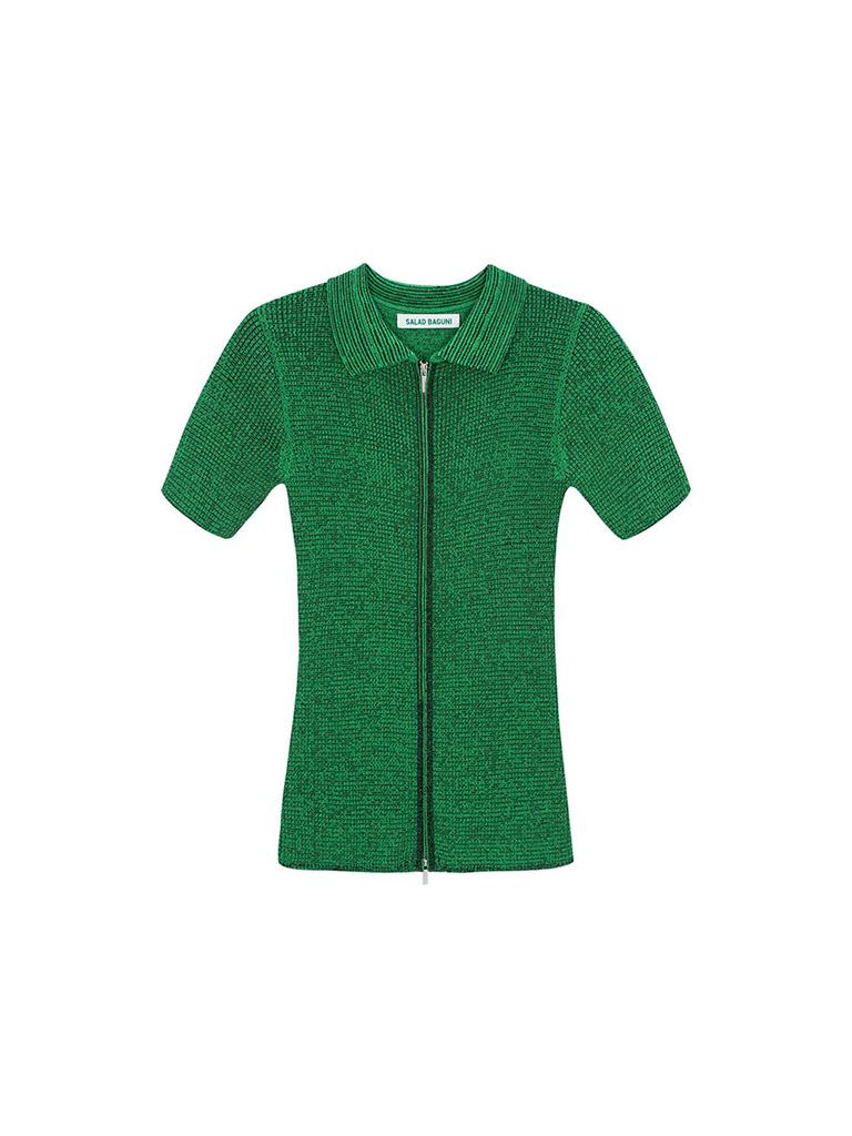 SALAD BAGUNI Two-Tone Collared Neck Two-Way Knit Zip-Up - Green Black