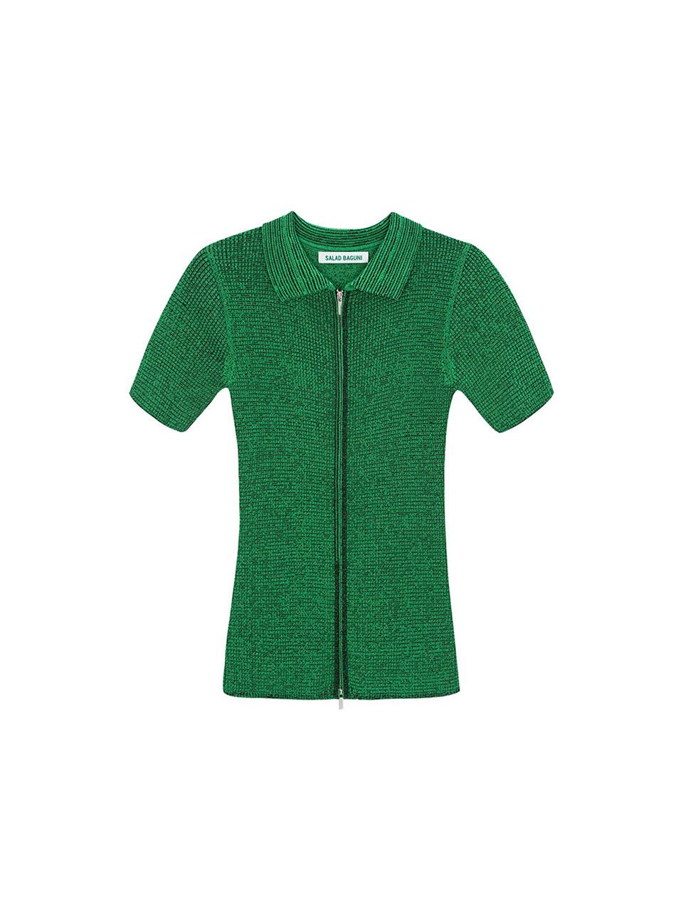 Salad Basket Two-Tone Collared Neck Two-Way Knit Zip-Up - Green Black