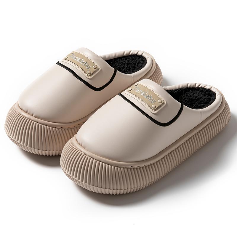 Cotton slippers imitation PU leather rubber sole autumn and winter wear thick soles warm and velvet home dormitory confinement wool shoes