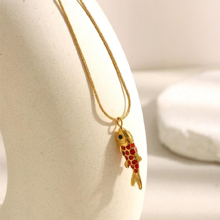 Modern Red Lacquer Carp Pendant Necklace Tarnish Resistant Stainless Steel 18k Gold Plated Everyday Jewelry Design