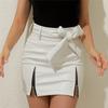 Women's Fashion High Waist Bandage Bowknot Zipper Skirt Casual Sexy Slim Leather Skirt
