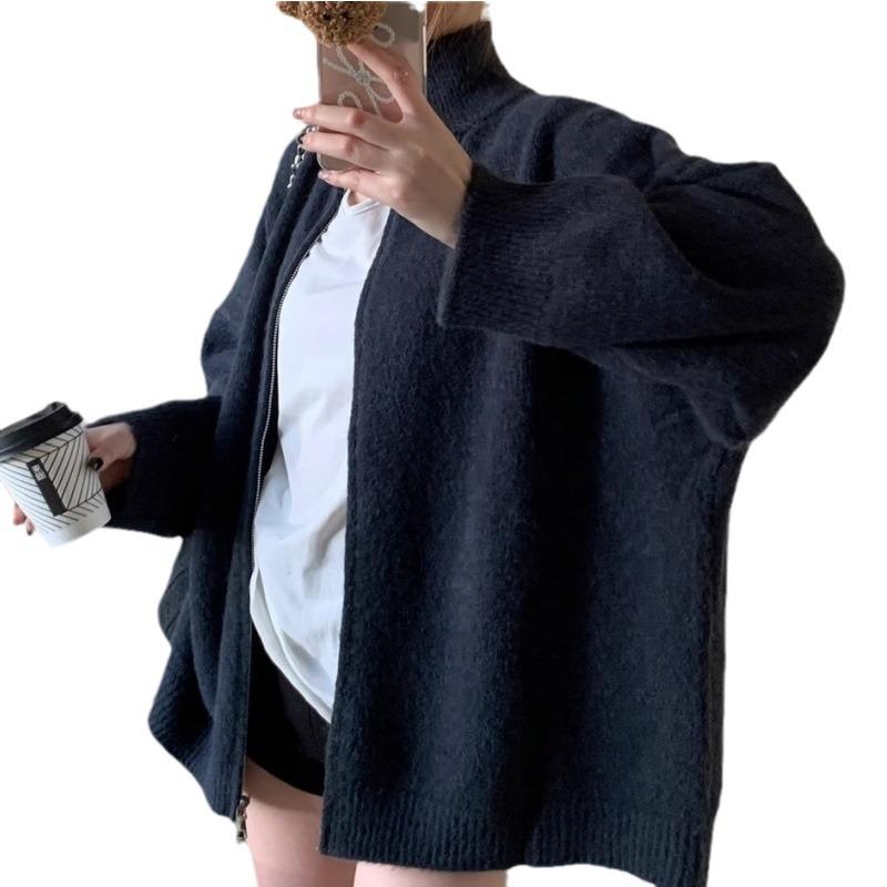 Lazy Style Stand-up Neck Sweater Women's Autumn and Winter Loose CasualOversized Grey Turtleneck Zip - Up Knit Sweater