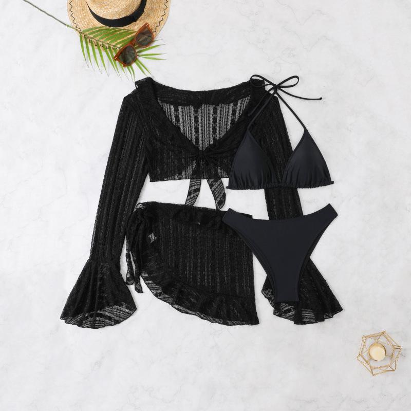 2025 European & American Solid Color Mesh Long Sleeve Beach Bikini Cover-up Women's Four-Piece Swimsuit Set