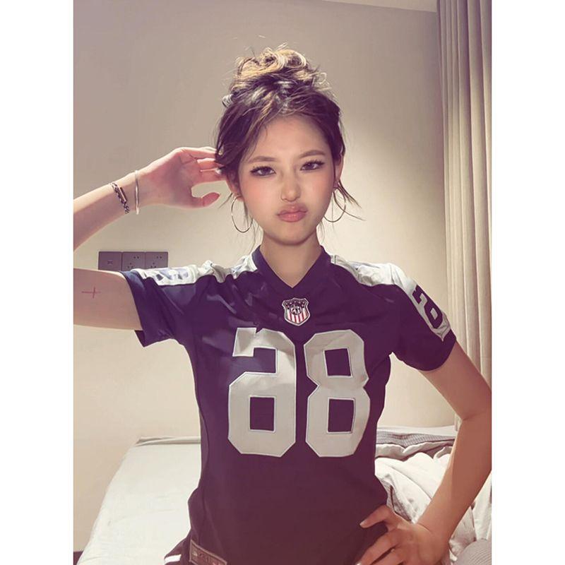 

American vintage Jersey Style Contrast Color Patchwork Sports Short sleeve T-shirt Women Summer Quick-Drying Slim fit Slimming Gyaru Top Dark blue L