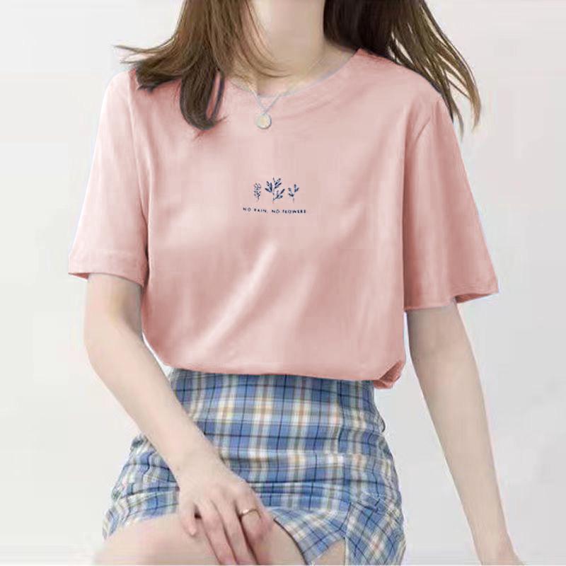 Women's Summer Loose-Fit Korean Round Neck Plant Print T-Shirt