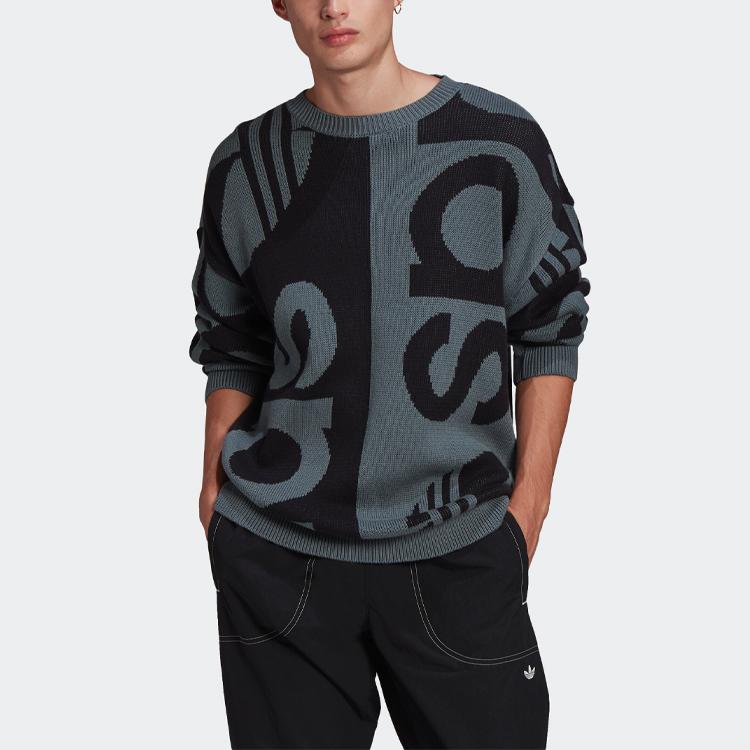 adidas Originals Fashion Knit Crew Casual Sport Large Logo Sweater Men Tops Grey GN3317