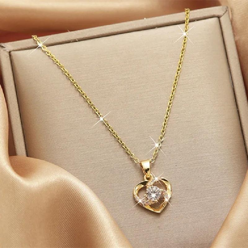1 Pcs Light Luxury Cool Style Love Heart Collection Gold Plated Copper Pendant Necklace With Stainless Steel Chain